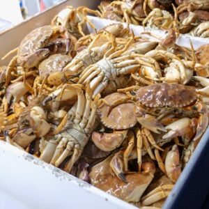 Close-up of fresh crabs in a tray ready for sale at a seafood market.